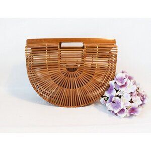 Vintage Bamboo Half Moon Cage Purse Basket Handbag 1970s